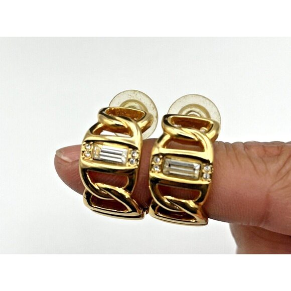 Vintage SWAROVSKI Swan Baguette Crystal Half Hoop Gold Tone Pierced Earrings - Picture 3 of 8